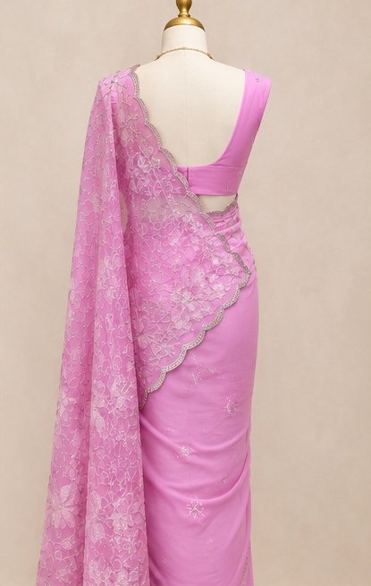 Lavender Pink Floral Embroidered Designer Saree view 6