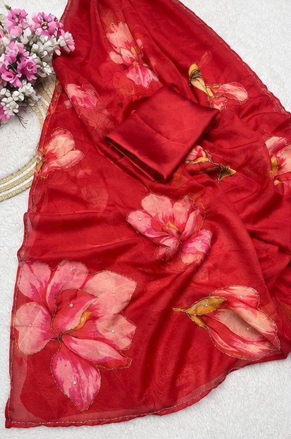 Crimson Red Organza Silk Saree with Handpainted Floral Motifs view 2