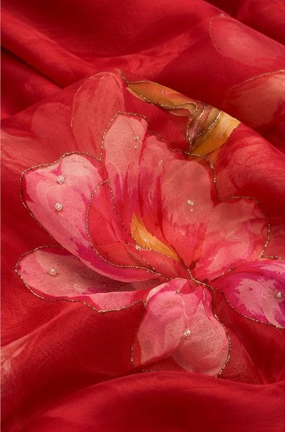Crimson Red Organza Silk Saree with Handpainted Floral Motifs view 3