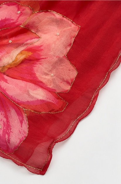 Crimson Red Organza Silk Saree with Handpainted Floral Motifs view 5