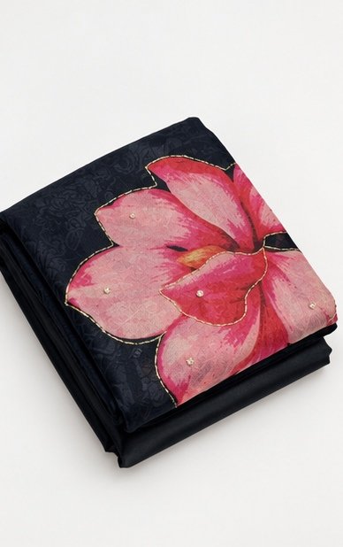 Classic Black Organza Silk Saree with Handpainted Floral Motif view 4