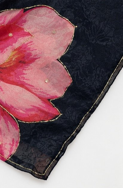 Classic Black Organza Silk Saree with Handpainted Floral Motif view 5