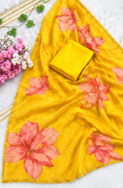 Bright Yellow Organza Silk Saree with Handpainted Floral Motif view 2