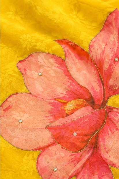 Bright Yellow Organza Silk Saree with Handpainted Floral Motif view 3