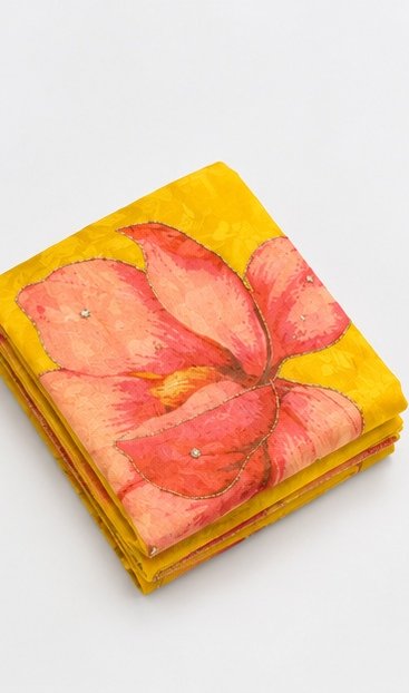 Bright Yellow Organza Silk Saree with Handpainted Floral Motif view 4