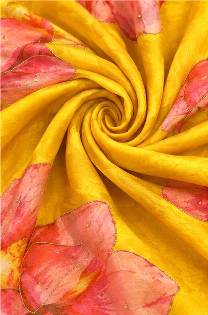 Bright Yellow Organza Silk Saree with Handpainted Floral Motif view 6