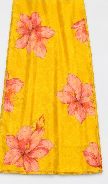 Bright Yellow Organza Silk Saree with Handpainted Floral Motif view 7
