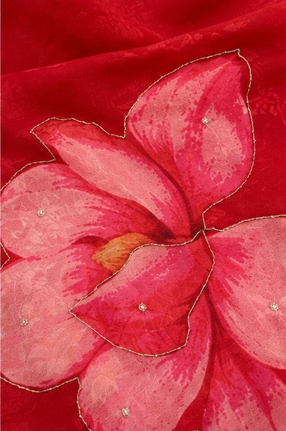 Red Organza Saree with Pink Floral Work view 3