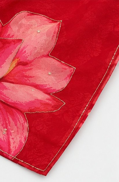 Red Organza Saree with Pink Floral Work view 5