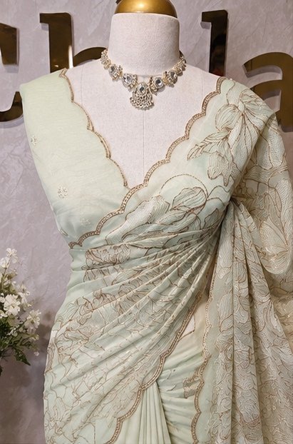 Pastel Pistachio Green Floral Embroidered Designer Saree