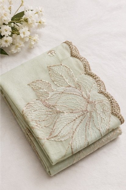 Pastel Pistachio Green Floral Embroidered Designer Saree view 4