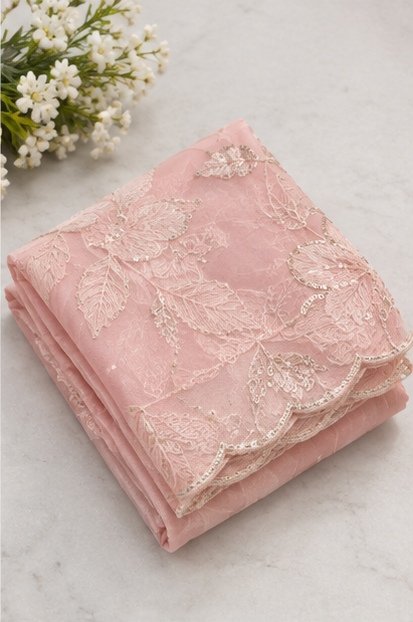 Blush Pink Floral Embroidered Designer Saree view 3
