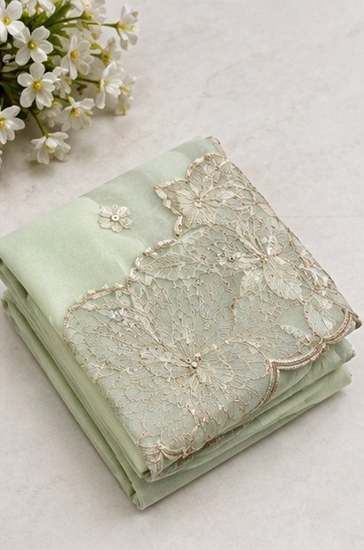 Pastel Mint Green Floral Embroidered Designer Saree view 3