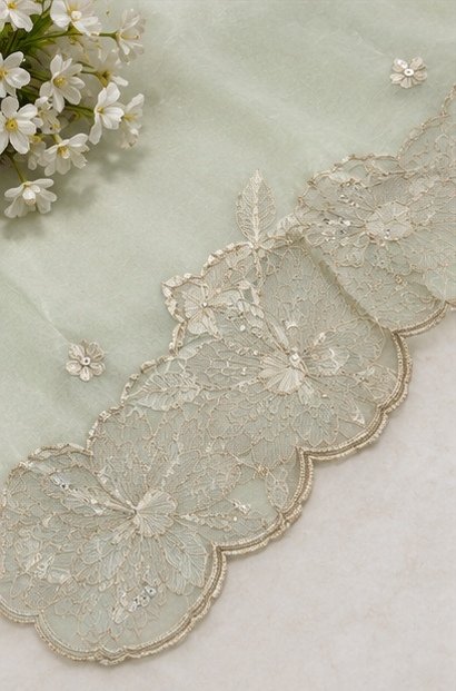 Pastel Mint Green Floral Embroidered Designer Saree view 4