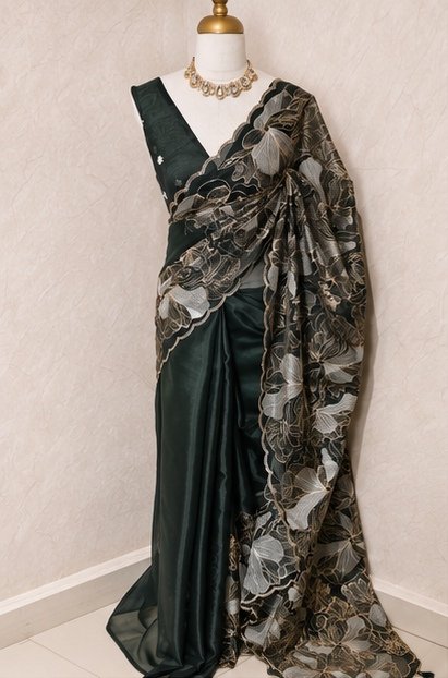 Deep Green Floral Embroidered Designer Saree