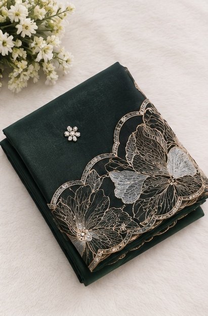 Deep Green Floral Embroidered Designer Saree view 4