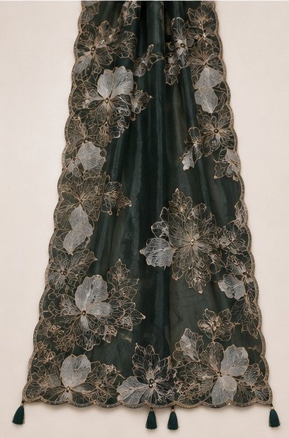 Deep Green Floral Embroidered Designer Saree view 7