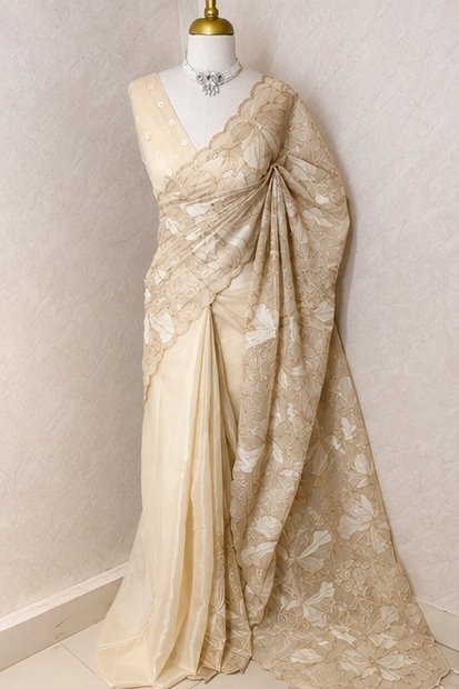 Ivory Cream Floral Embroidered Designer Saree view 2