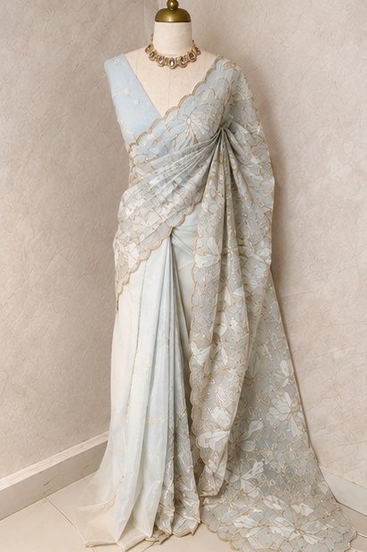 Ice Blue Floral Embroidered Designer Saree