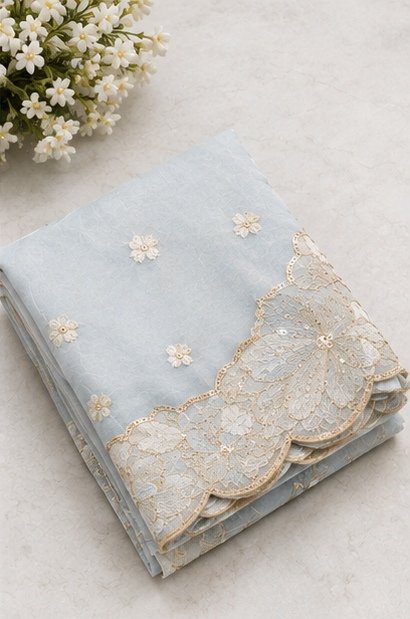 Ice Blue Floral Embroidered Designer Saree view 4