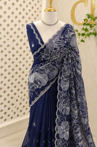 Navy Blue Floral Embroidered Designer Saree