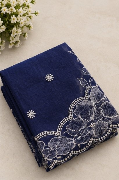 Navy Blue Floral Embroidered Designer Saree view 4
