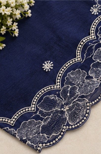 Navy Blue Floral Embroidered Designer Saree view 5