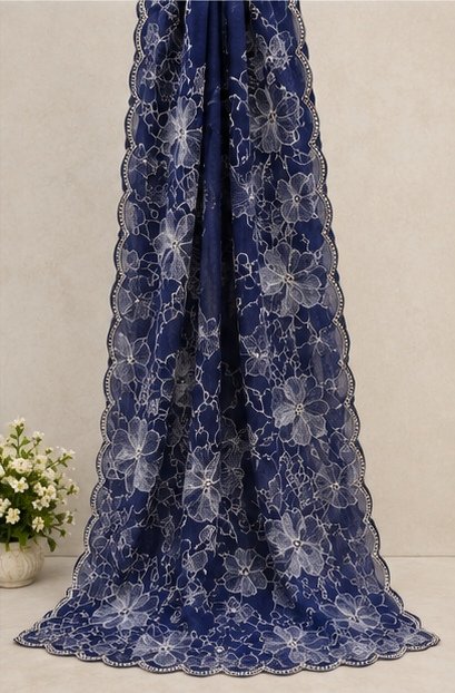 Navy Blue Floral Embroidered Designer Saree view 7