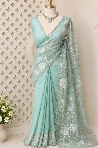 Mint Green Floral Embroidered Designer Saree