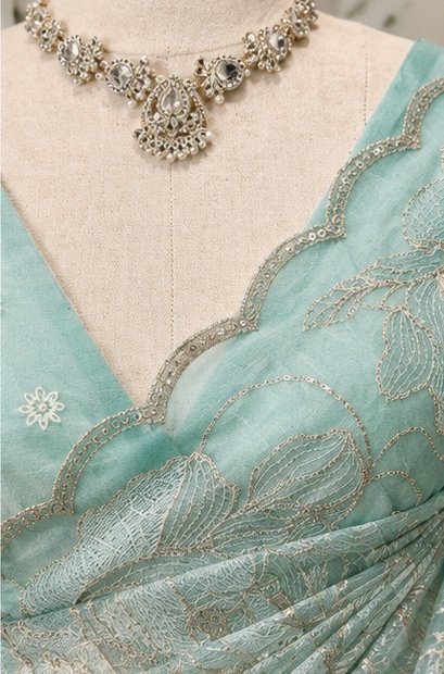 Mint Green Floral Embroidered Designer Saree view 3