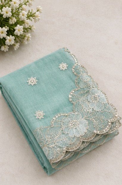 Mint Green Floral Embroidered Designer Saree view 4