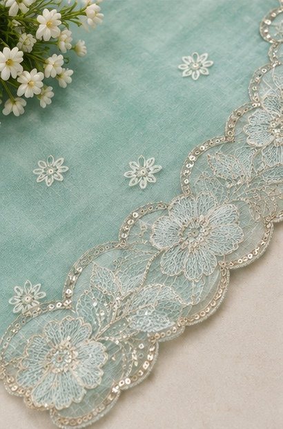 Mint Green Floral Embroidered Designer Saree view 5