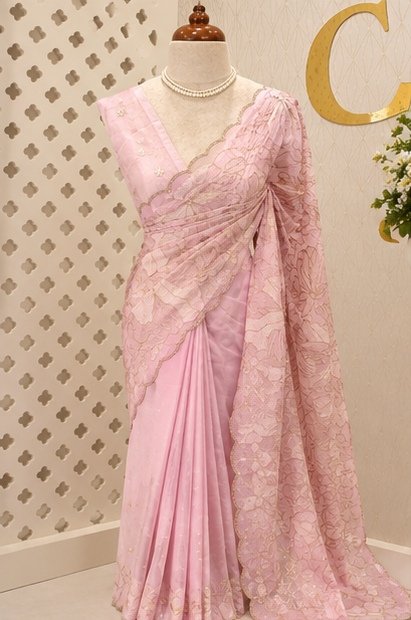 Pastel Pink Floral Embroidered Designer Saree