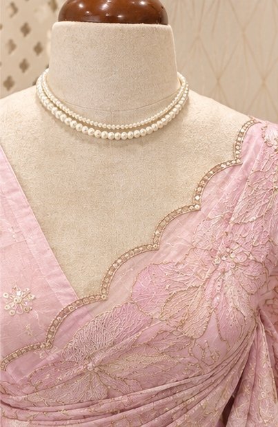 Pastel Pink Floral Embroidered Designer Saree view 3