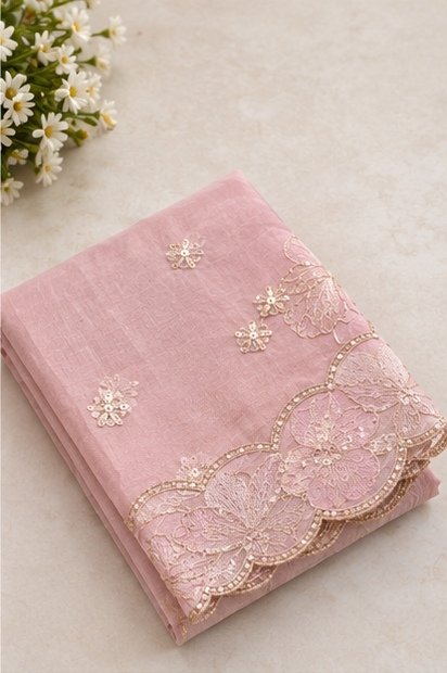 Pastel Pink Floral Embroidered Designer Saree view 4