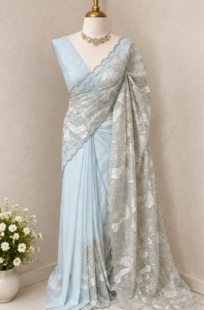 Sky Blue Floral Embroidered Designer Saree