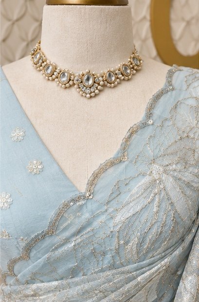 Sky Blue Floral Embroidered Designer Saree view 3