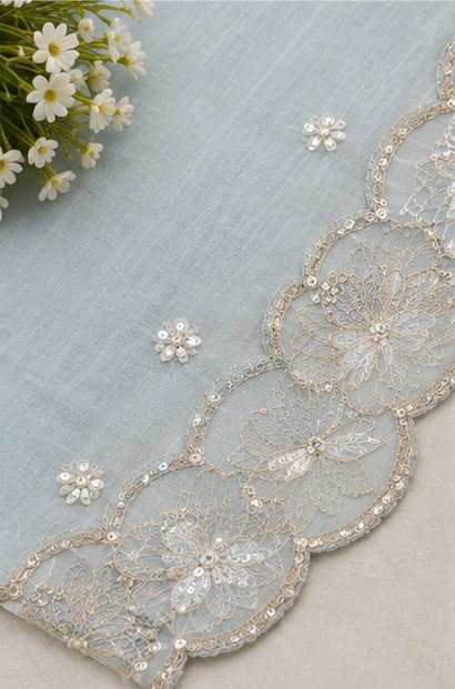 Sky Blue Floral Embroidered Designer Saree view 5