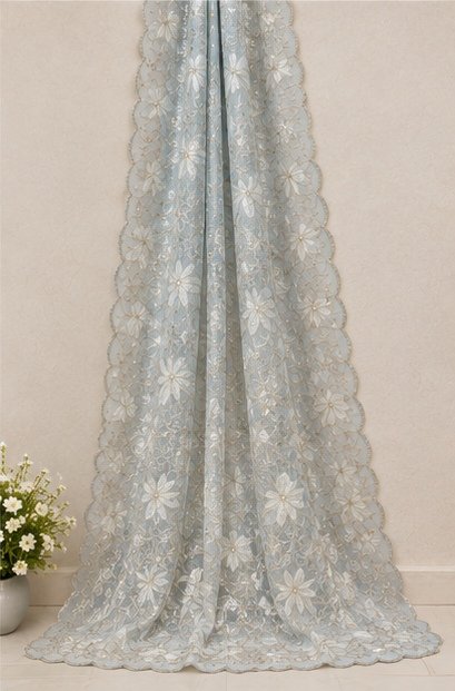 Sky Blue Floral Embroidered Designer Saree view 7