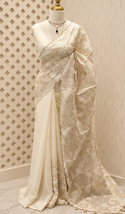 Ivory Floral Embroidered Designer Saree