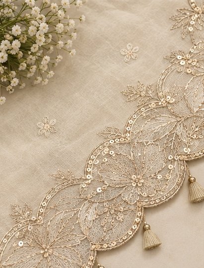 Ivory Floral Embroidered Designer Saree view 5