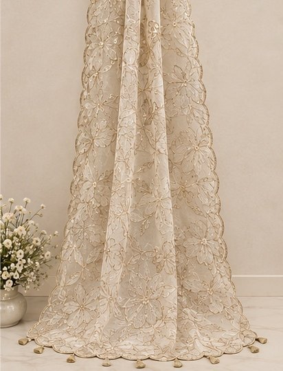Ivory Floral Embroidered Designer Saree view 7