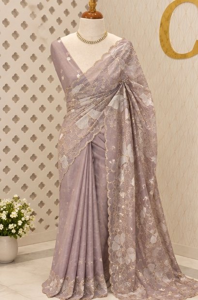 Lavender Floral Embroidered Designer Saree