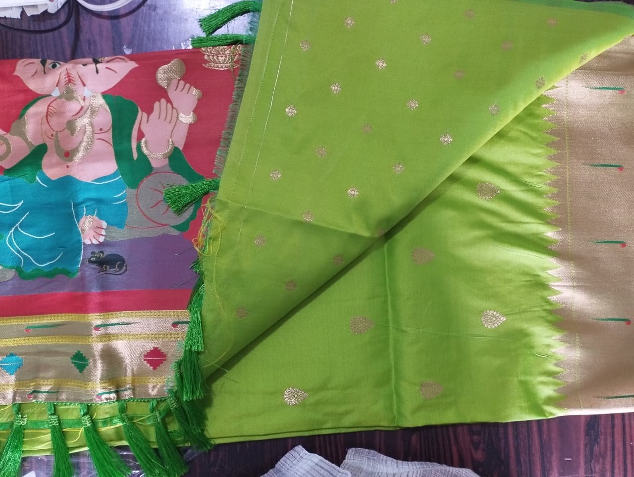 Parrot Green Paithani Silk Saree with Ganesha Pallu view 1