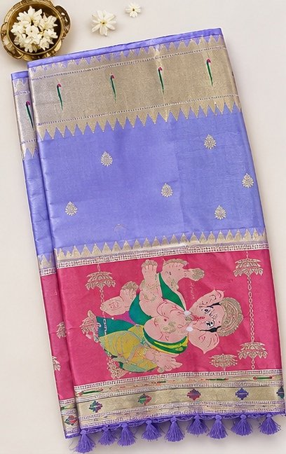 Lavender Paithani Silk Saree with Pink Ganesha Pallu view 2