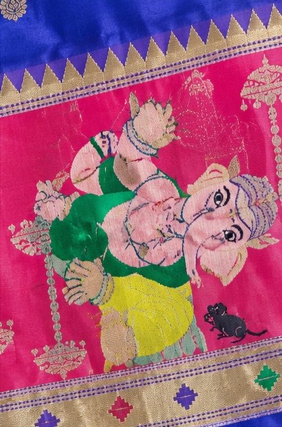 Royal Blue Paithani Silk Saree with Ganesha Pallu view 4