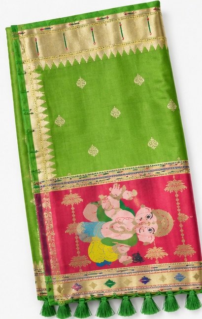 Parrot Green Paithani Silk Saree with Ganesha Pallu view 2