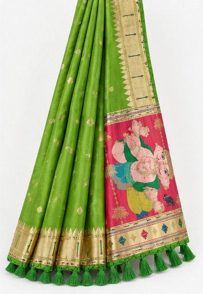 Parrot Green Paithani Silk Saree with Ganesha Pallu
