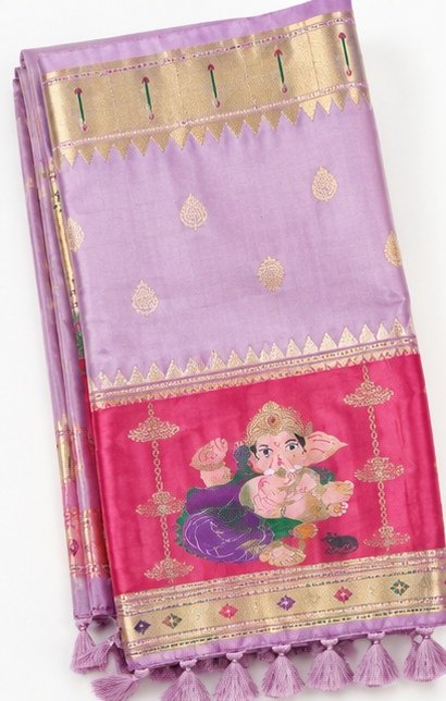 Pink Paithani Silk Saree with Ganesha Pallu view 2