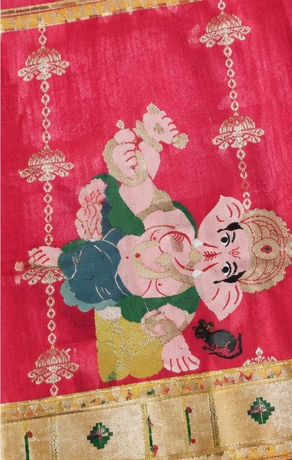 Pink & Blue Paithani Silk Saree with Ganesha Pallu view 4